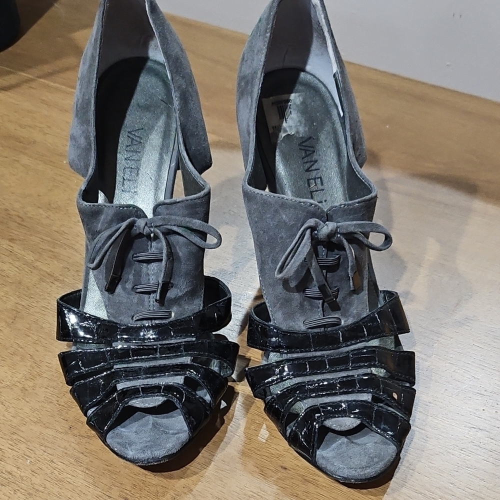 Vaneli Gray and Black Lace-Up Heels with Peep-Toe